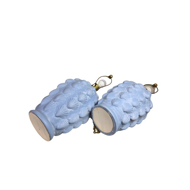 Blue Vintage Hollywood Regency Blue Scallop Shell Lamps |- Coastal Neoclassical - a Pair For Sale - Image 8 of 12