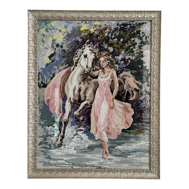 Framed Cross-Stitched Lady With a Horse Needlepoint For Sale