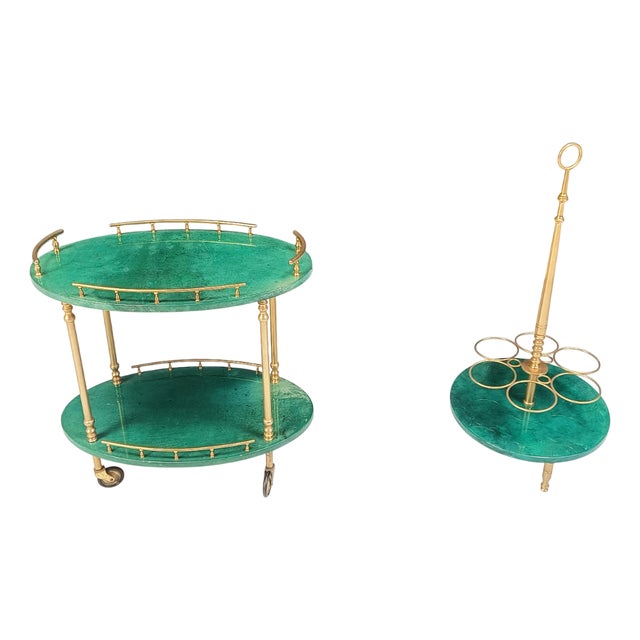 Italian Lacquered Goatskin Swan Bar Cart and Wine Bottle Stand by Aldo Tura, 1960s, Set of 2 For Sale