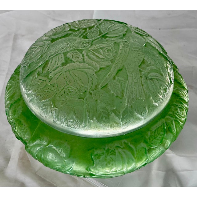 Art Nouveau Antique Consolidated Lamp and Glass Co. Powder Jar/ Dresser Box With Hummingbirds and Roses. For Sale - Image 3 of 12