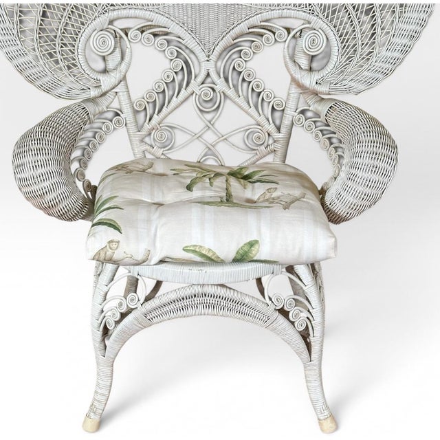 Wood Vintage Boho Chic White Wicker Peacock Fan Back Chairs With Custom Cushions Pair For Sale - Image 7 of 16