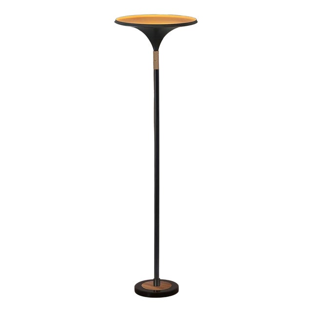 Mid Century Lodi Torchiere Floor Lamps by Morelli, 1970s - Matte Black, Hammered Gold Leaf Shade, Walnut, Marble Base For Sale