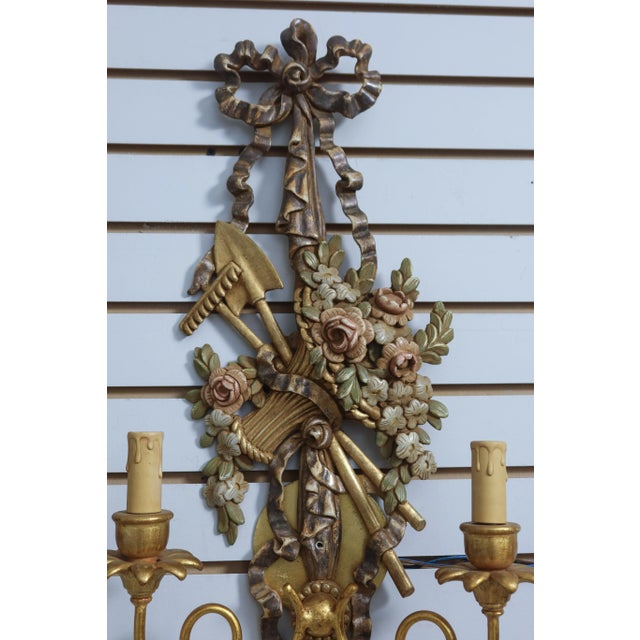Pair Country French Paint Decorated Candelabra Sconces For Sale - Image 4 of 8