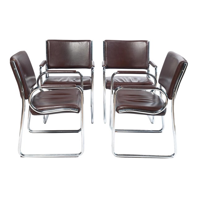 Vintage Leather and Chrome Dining Chairs, circa 1970s - Set of 4 For Sale