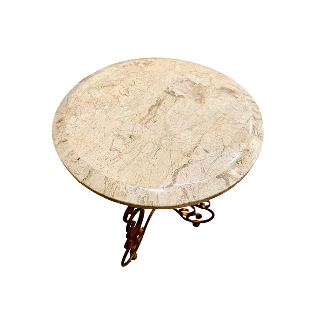 Scroll French Style Wrought Iron + Travertine Accent Table For Sale - Image 4 of 6