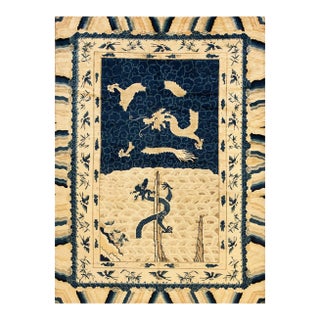 1920s Antique Artistic Beige Chinese Dragons Design Wool Pile Hand Knotted Rug For Sale