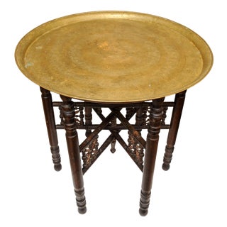 Middle Eastern Folding Tea Table with Removable Brass Circular Tray in the style of Liberty of London, 1890s, Set of 2 For Sale