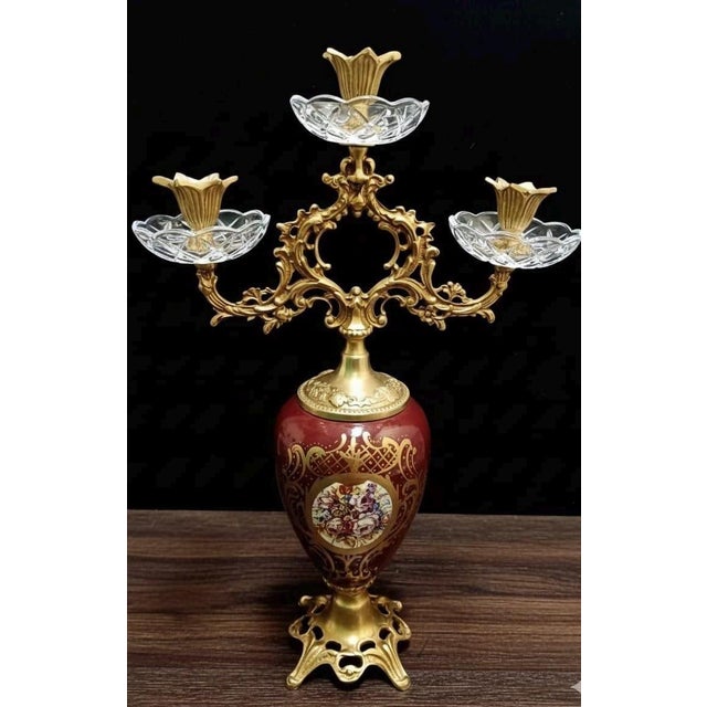 Rococo 1960s French Rococo Candelabra Ornate Brass & Crystal Candle Holder 19"H For Sale - Image 3 of 6