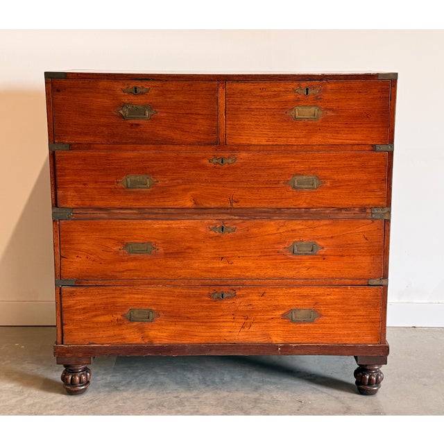 This is a genuine 19th century campaign chest in the truest sense: two independent sections that stack and align on wooden...