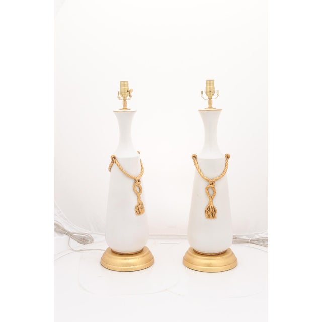 The Marbro Lamp Company Pair of Large Signed Italian Marbro Ceramic + Gilt Tassel Lamps, 1960s For Sale - Image 4 of 12