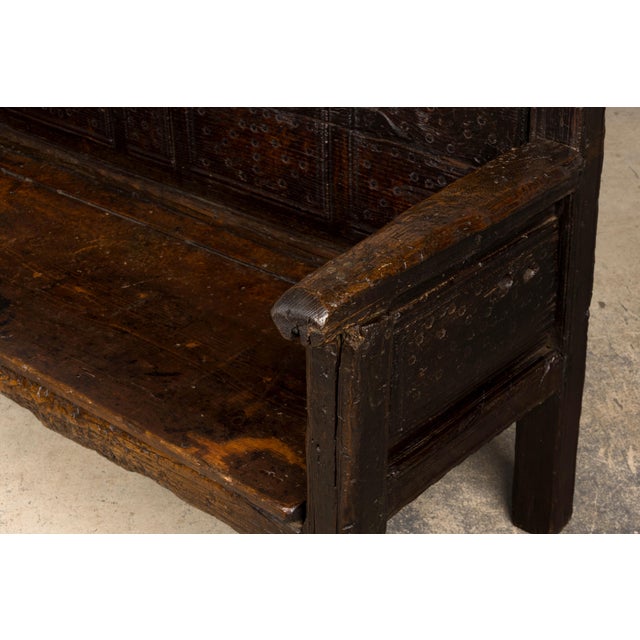 18th Century Spanish Rustic Oak Bench With Carved Panels and Dark Patina For Sale - Image 13 of 18