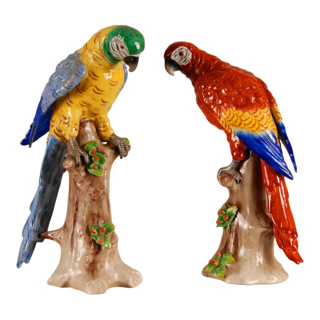 Antique Victorian Ceramic Macaw Parrots Birds German Dresden Saxe Porcelain Animal Figurine - a Pair For Sale