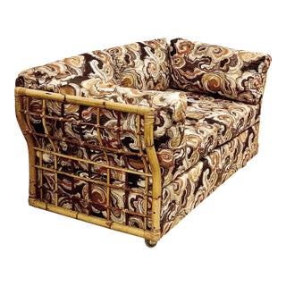 Rare Vintage 1980s Rattan and Bamboo Loveseat Sofa in the Style of Gervasoni With Original Upholstery For Sale