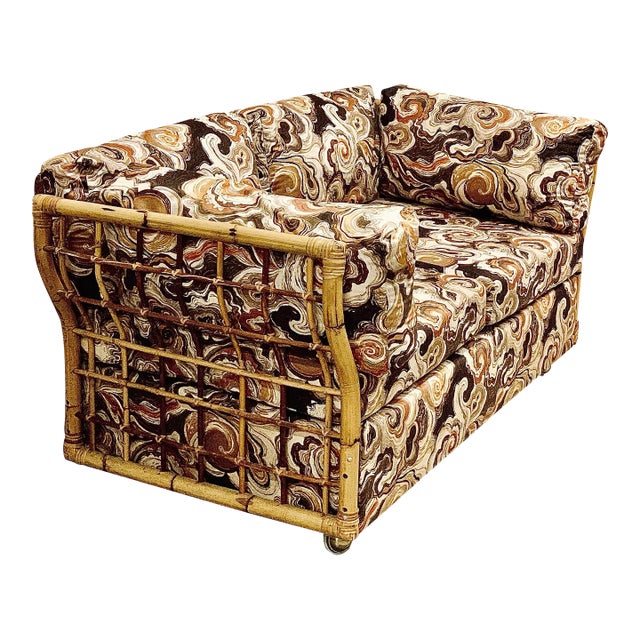 Rare Vintage 1980s Rattan and Bamboo Loveseat Sofa in the Style of Gervasoni With Original Upholstery For Sale