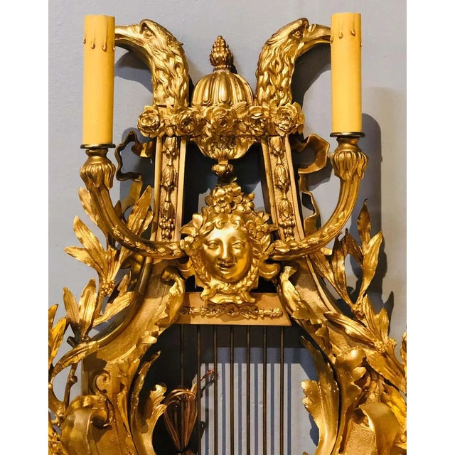 French Pair of Four-Light Louis XVI Style Bird & Face Mounted Gilt Bronze Wall Sconces For Sale - Image 3 of 13