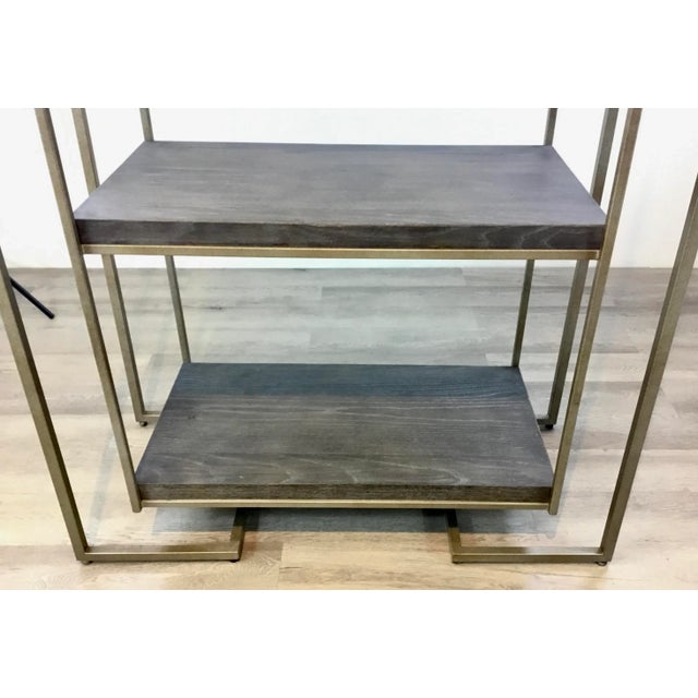 Stylish modern soft gray oak and champagne silver metal etagere, five shelves, showroom floor sample