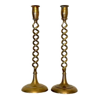 Vintage Open Barley Twist Solid Brass Candlesticks, Victorian Style, a Pair For Sale
