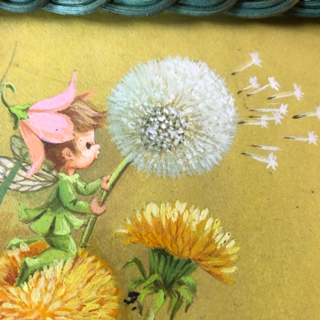 1970’s Original Fantasy Fairy With Dandelion Original Illustration Watercolor Painting Vintage Wicker Tabletop Frame For Sale - Image 4 of 7