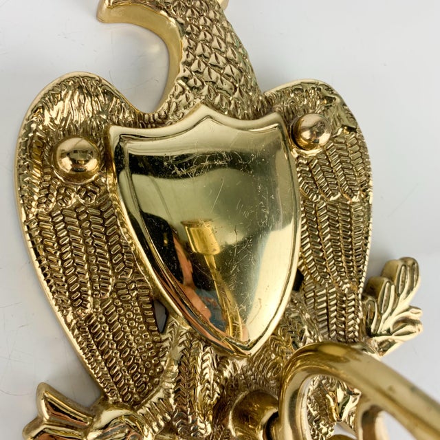 Pair Vintage American Eagle Shield Brass Taper Candle Holder Sconce Americana For Sale - Image 10 of 11