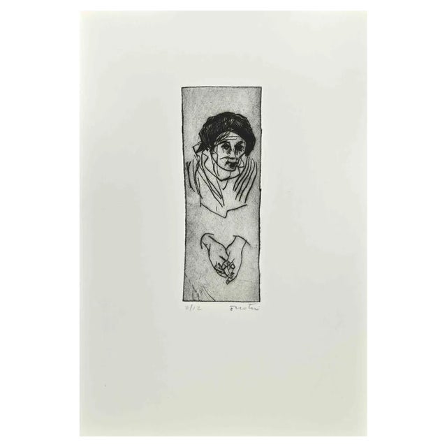 Enotrio Pugliese, Woman in Prayer, Etching, 1963 For Sale