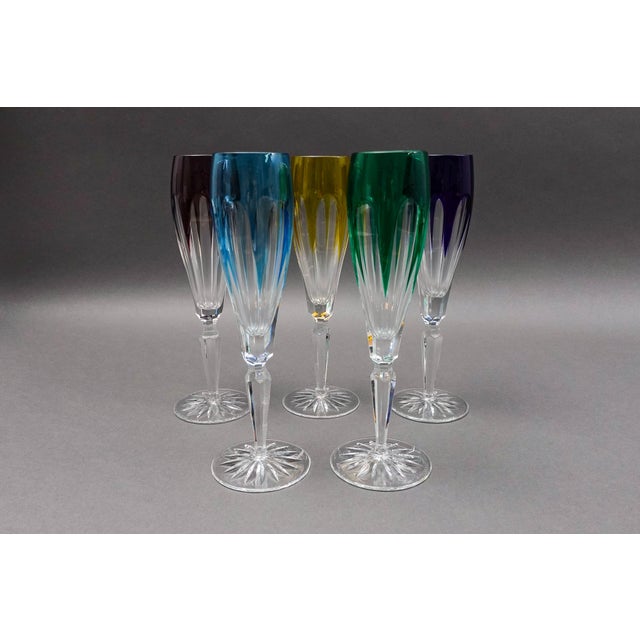 Mid-Century Modern Mid 20th Century Faberge Crystal Lausanne Multicolored Champagne Flute Glasses- Set of 5 For Sale - Image 3 of 9