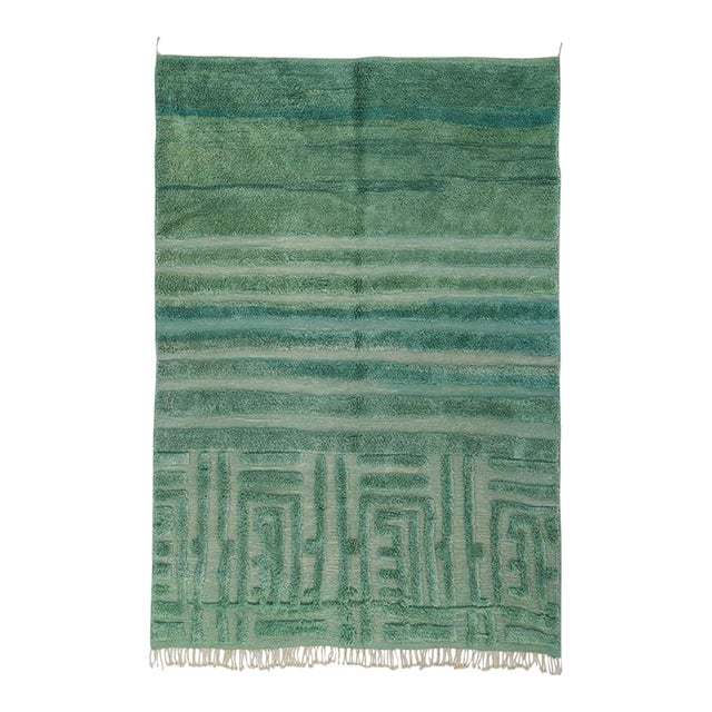 Ombre Maze-Border Hand-Knotted Moroccan Wool Rug | 10'4" X 7'2" | One of a Kind For Sale