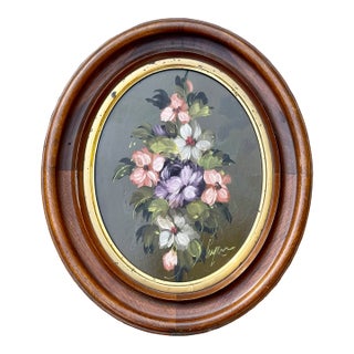 1930s Fantastic Authentic Original Oil Painting Italian Floral Still Life Pansies Antique Walnut Frame For Sale