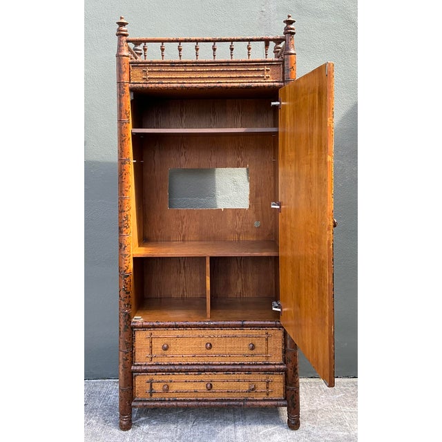 Mid-Century Modern Vintage Tortoise Bamboo Mirror Front Armoire For Sale - Image 3 of 12