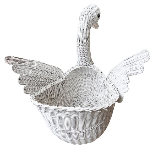 Mario Torres 1970s Monumental White Wicker Swan Basket or Planter, Palm Beach Style For Sale - Image 4 of 8