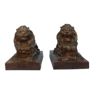 Pair of Antique Brass Recumbent Lions – 11" Library Lions on Rectangular Plinths For Sale