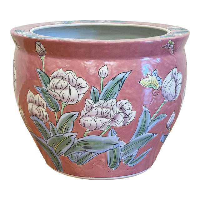 Vintage Chinese Porcelain Floral Motif Fish Bowl Planter For Sale