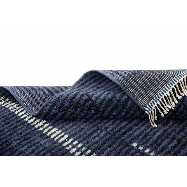 Navy Blue Vertical Stripe Conor-Block Hand-Knotted Wool Rug | 9'10" X 8'10" | One of a Kind For Sale - Image 8 of 8