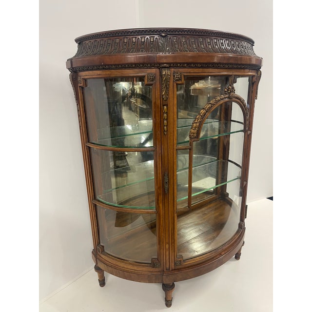 Antique Demilune French Louis XV Walnut Vitrine Display Cabinet For Sale - Image 4 of 13
