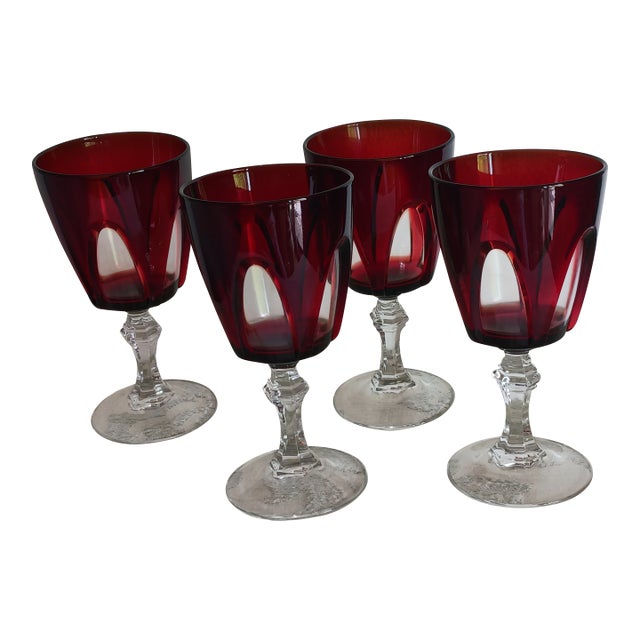 French Crystal Red Cut-to-Clear Wine Water Goblet by Cristal d'Arques-Durand Set of 4 For Sale