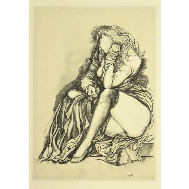 Melancholy is a vintage offset print realized after a 1978 drawing by the Sicilian artist Renato Guttuso. Signed on plate....
