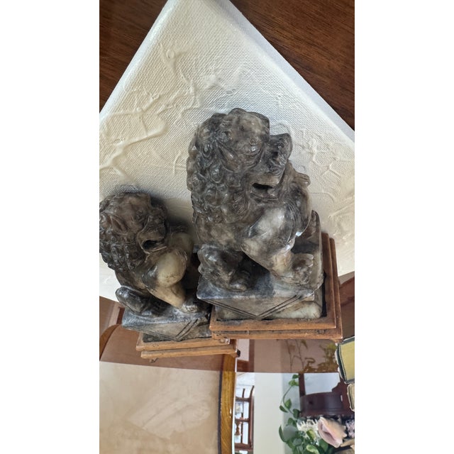 1960s Vintage Foo Dogs Gray Marble Chinese Temple Lions 6” Tall For Sale - Image 5 of 14