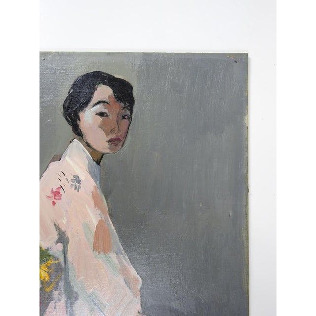 Textile Mid 20th Century Portrait Japanese Woman in Pink Kimono Painting For Sale - Image 7 of 9