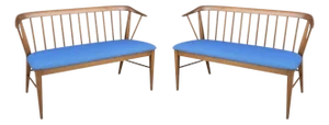 Mid-Century Danish Modern Carved Teak Spindle Back Settees or Benches - Pair