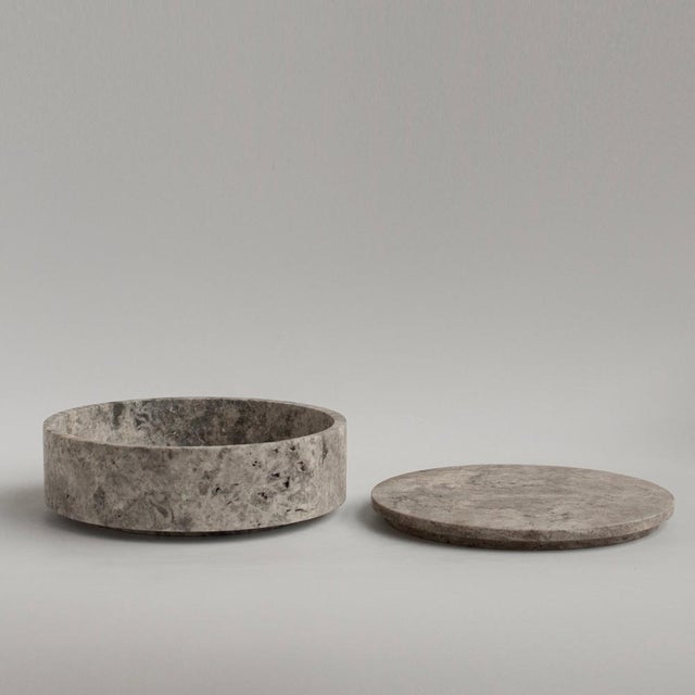 Postmodern Silver Travertine Cylinder Bowl with Lid from Kiwano Concept For Sale - Image 3 of 5