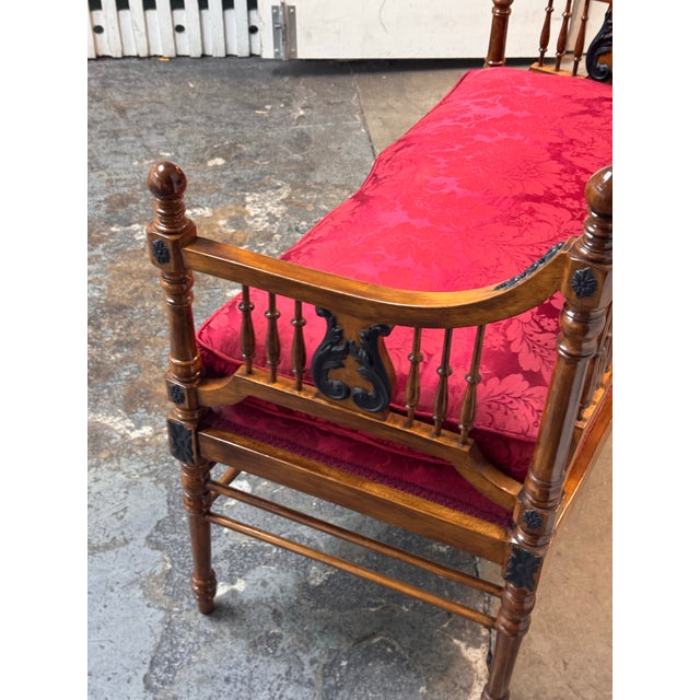 Victorian Antique Victorian Red Damask Upholstered Settee For Sale - Image 3 of 12