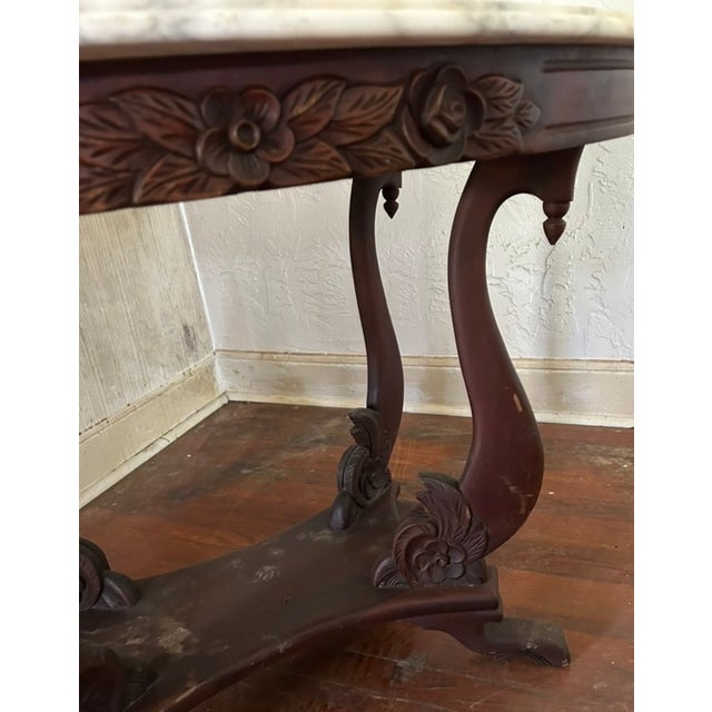 Mid 20th Century French Provincial Style Oval Marble-Top Center Table | Italian Marble | Carved Rose Garland Apron | Lyre Base For Sale - Image 11 of 14