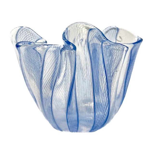 Glass Vintage Venini Blue and White Murano Glass Vase For Sale - Image 7 of 7