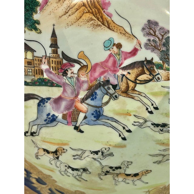 Mid 20th Century Vintage Chinoiserie Porcelain Equestrian Fox Hunt Scene Bowl in Cobalt Blue & Gilt For Sale - Image 5 of 12