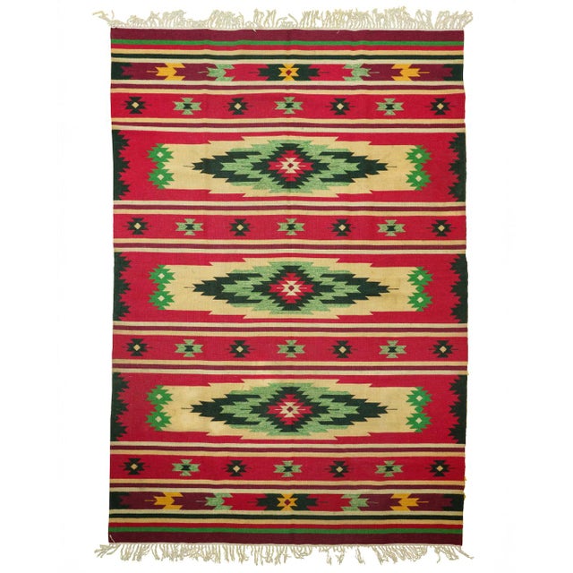 Cream Vintage Romanian Handwoven Wool Rug with Geometric Pattern and Fringe, 1970s For Sale - Image 8 of 9