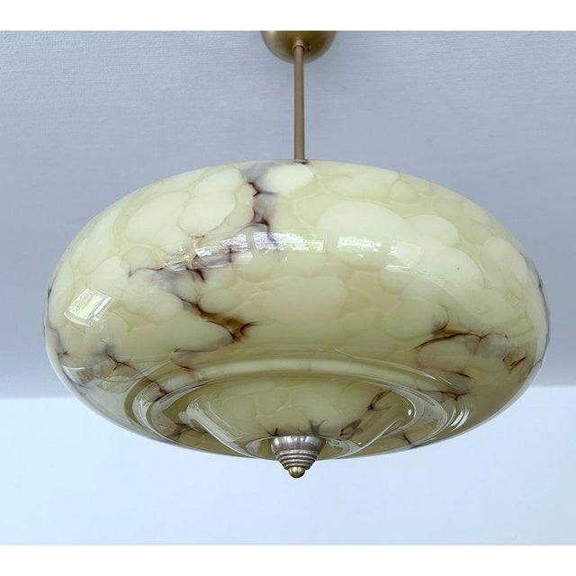 Metal Art Deco Pendant Light in Marble Glass, 1930s For Sale - Image 7 of 18