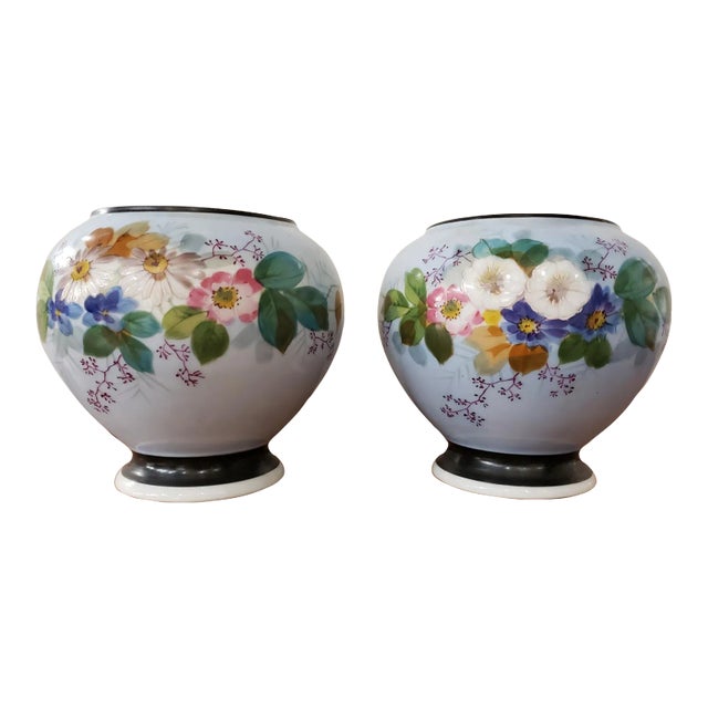 Pair of Circa 1870 French Napoleon III Porcelain Floral Motif Cachepots For Sale