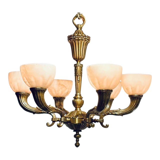 Myran Allan Luxury Lighting Neoclassical Bronze and Alabaster Chandelier For Sale