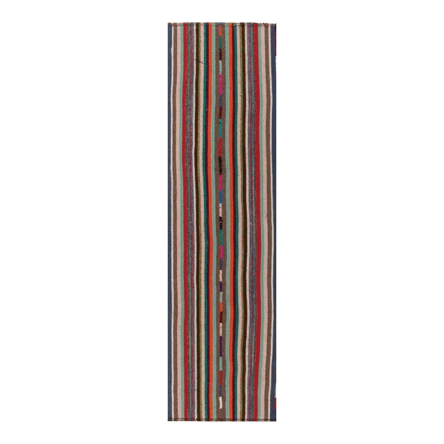 1950s Vintage Chaput Kilim Rug in Polychromatic Stripe Patterns, Multicolor-2'7''x9'8'' For Sale