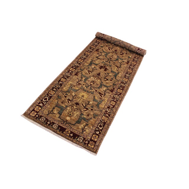 Art Nouveau Ziegler Nikia Dark Tan/Dark Red Wool Runner Rug- 3'10'' X 13'1'' For Sale - Image 3 of 10