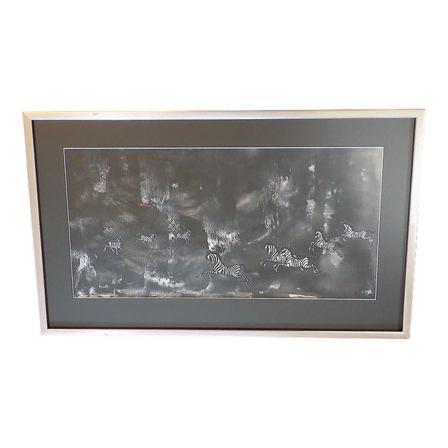 Original Vintage Nicola Ortis Poucette Signed/Framed Expressionist Gouache on Paper Zebras For Sale